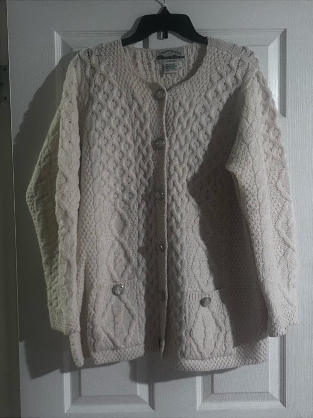 Aran Crafts Irish Merino Wool Cable Knit Pocket Cardigan Cream Off-White L